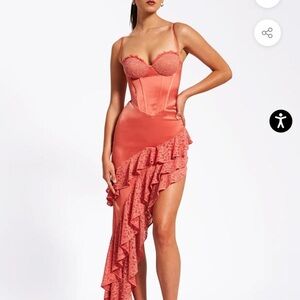 NEW w Tags Miss Circle Asymmetric Hem Corset Lace Tiered Ruffle Pink Dress XL